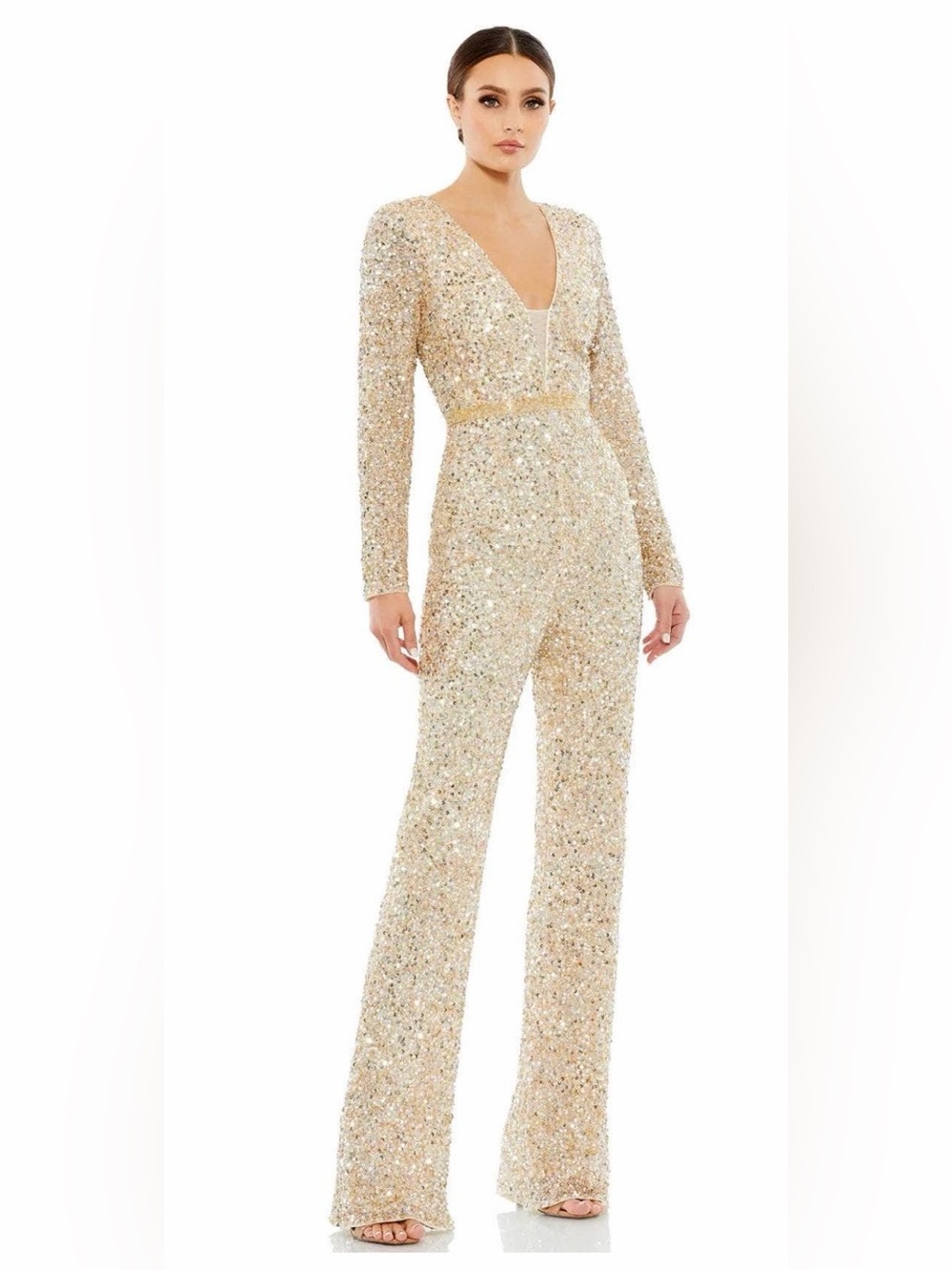 Mac Duggal Gold Sequin V-Neck Long-Sleeve Jumpsuit